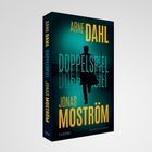 Titel: "Doppelspiel" von Arne Dahl und Jonas Moström. Eine Silhouette rennt vor einer Stadtlandschaft.