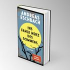 "ANDREAS ESCHBACH, INS FAHLE HERZ DES SOMMERS, ROMAN, SPIEGEL Bestseller." Abstrakte Äste vor einem gelben Mond.