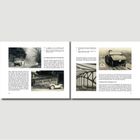 Doppelseite mit Texten über Automobilgeschichte, drei Schwarz-Weiß-Fotos von historischen Autos und Brücken.