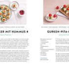 "Gurkentaler mit Hummus" und "Gurken-Pita-Ecken". Rezepte und Zutatenlisten. Zwei Teller mit angerichteten Speisen.