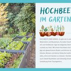 Text in türkis: "HOCHBEETE IM GARTEN". Illustration: Pflanzen in Erde. Hochbeete mit verschiedenen grünen Pflanzen im Garten.