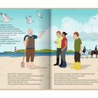 Text beschreibt Szenen am Strand mit Personen, einem Leuchtturm, Reitern, Möwen. Illustration mit Menschen und Strandtieren.