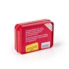 Rote Blechdose mit Text über Unterhaltung unterwegs und einer Website www.talk-box.de. Gelber Aufkleber und Barcode sichtbar.
