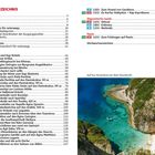 Inhaltsverzeichnis mit Touren auf Korfu und den Diapontischen Inseln. Rechts: Foto einer türkisfarbenen Bucht mit Boot.