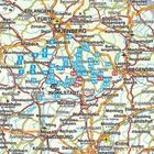 Karte mit Ortsnamen: Nürnberg, Regensburg, Augsburg, Ingolstadt. Gelbe Straßen und blaue nummerierte Kästchen.