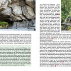 Eine Felsformation namens Kuhstall. Rechts eine Brücke über eine Schlucht. Text beschreibt Wanderwege in einer malerischen Landschaft.