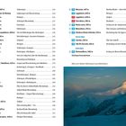 Links Liste von Bergnamen mit Höhenangaben, rechts Seitenzahlen. Unten Foto von schneebedecktem Berg in Abenddämmerung.