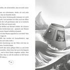 Text über Auftriebshilfen und rotviolettes Wasser. Illustration: Kapsel auf Wasser, Person schaut heraus, Fische darunter.