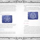 Links ein Pentagramm, rechts ein komplexes Symbol. Text beschreibt geheimnisvolle magische Zeichen und ihre Bedeutung.