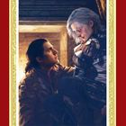 Ein Mann kniet vor einer verletzten Frau in einer Rüstung. Es handelt sich um eine illustrierte Szene, umrahmt von einem goldenen Muster.