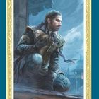 Bild ohne Text. Illustration eines mittelalterlich gekleideten Mannes, kauert auf einem Dach, blauer Himmel im Hintergrund.