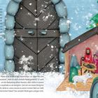 Text: "Vor der großen Krippe vor der Kirche bleiben sie stehen..."  
Illustration: Schneeszene mit Krippe, Kind im Rollstuhl, Tannenbäume.