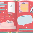 Ein kindgerechtes, buntes Freundschaftsbuch mit Feldern zum Ausfüllen. Enthält bunte Illustrationen von Regenbögen und Blumen.