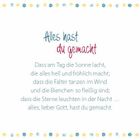 "Alles hast du gemacht" in blauer und roter Schrift. Darunter ein Gedicht über Sonne, Falter, Bienen und Sterne. Bunte Punkte oben und unten.