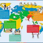 Texte: Christentum, Islam, Buddhismus, Hinduismus, Judentum, Die goldene Regel.  
Eine bunte Weltkarte zeigt Gebiete mit religiöser Symbolik.