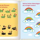 Links steht "Verbinde die Pflanzen mit ihren Schatten." Rechts: "Welche beiden Regenbögen haben die richtigen Farben?"