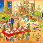 "Wir feiern Weihnachten" steht groß. Menschen feiern in einem gemütlichen Wohnzimmer mit Baum und Krippe.