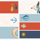 Illustration mit Fischen, Anker, Heißluftballon, Regenbogen, Taube und Sonne auf gemusterten Hintergründen.