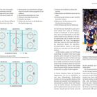 Eishockey-Regeln und -Strafen. Illustrierte Eisfläche mit Zonen, Diagramme und Text über Regelverstöße und Strafen.