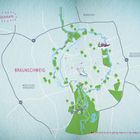 "Glückskarte", "BRAUNSCHWEIG", "WESTLICHES RINGGEBIET", "ÖSTLICHES RINGGEBIET". Stadtkarte mit Straßen, Bäumen, Flüssen.