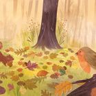In dieser Illustration ist ein Wald mit herbstlichem Laub, ein Eichhörnchen und ein Rotkehlchen zu sehen.