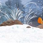 Zwei orangefarbene Vögel sitzen in einer verschneiten Winterlandschaft mit schneebedeckten Bäumen und dunklem Himmel.