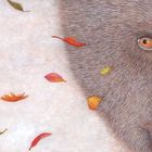 Illustration: Ein Bärengesicht ist zur Hälfte sichtbar, umgeben von bunten Herbstblättern, die durch die Luft wirbeln.