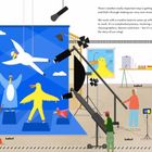 Text links oben: "There's another really important step in getting our sound seen - and that's through making our very own music video!" 
Rechts unten: "Once the video is finished, we share it all over social media. We've tried our best to make it as eye-catching as possible! What do you think?" 

Eine Illustration eines Filmdrehs mit Vögeln und Crew.