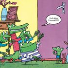 Sprechblase: "Und deine Freunde????" Ein kleines Krokodil vor einer Gruppe fröhlicher, größerer Krokodile in bunten Kleidern.