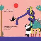 "Dicke Socken, warme Decke, langer Schal für Giraffe." Tiere helfen einer Giraffe: Vogel, Panda, Koala, Erdmännchen.
