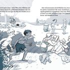 Zwei Textpassagen: "Heinrich macht immer solche Witze..." und "Aber viel interessanter als die Mädchen...". Szene am Strand mit spielenden Kindern.