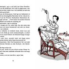 Text von einem Rasierprozess, mit einer Illustration: Eine Person rasiert einen anderen Mann, der in einem Stuhl liegt.