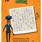 Text: "Lösung. Das behält Wachtmeister Blitz mal schön als Beweismaterial." Illustration: Polizist mit Sudoku.