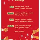 Text: "Lösung, Teig, Vanille, Zimt, Zucker, Hmm, lecker!" Festliche Illustrationen von Händen mit Lebkuchen.