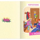 Text: Fortsetzung, 1. Dezember. Illustration von drei Kindern in Winterkleidung im Flur, ein Stern hängt an der Tür.