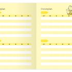 "Dienstplan", Tabelle: Spalten für Zeit, Montag bis Freitag. Doodle einer Figur rechts oben. Gelber Hintergrund.