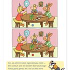 Text: „Hm, da stimmt doch irgendetwas nicht ... Willi schaut sich die beiden Überwachungsfotos genau an..."

Illustration: Tiere am Tisch mit Partyhüten, Geschenken, Kuchen.