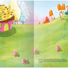 Wer wohnt wohl in dem verzauberten Muffinhaus? Illustration: Ein Muffinhaus, Lollis und Süßigkeiten auf grüner Wiese.