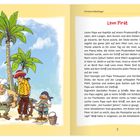 Titel: Leon Pirat

Links sind drei Piraten unter Palmen. Einer ist dick mit Kochmütze, einer trägt einen roten Hut und der letzte hält einen Besen.