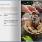 Schwarze Olivenpaste. Rezept auf weißem Hintergrund mit Zutatenliste. Rechts Hand mit Brot und Olivenpaste, umgeben von Tomaten.