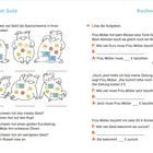 "Rechnen mit Geld" ist der Titel. Links Sparschweine mit Münzen und Scheinen. Rechts Aufgaben zu Frau Müllers Einkäufen.