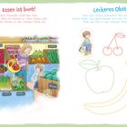 Links: "Essen ist bunt!" mit Gemüse. Rechts: "Leckeres Obst" mit skizzierten Früchten und freizügigen Stickern.