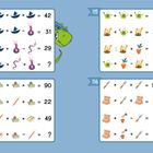 Rätsel mit Symbolen und Rechenaufgaben: Zahlen und verschiedenfarbige Gegenstände zum Lösen der Gleichungen.