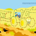 Text: "Die Bäuerin fährt jeden Tag mit dem Traktor aufs Feld. Oft benötigt sie den Anhänger, um die Ernte zu transportieren." 

Illustration eines Traktors mit Anhänger auf einem Feld, Vögel und eine Vogelscheuche. Punkte verbinden die Umrisse.