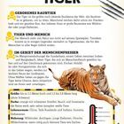 "TIGER" steht oben. Darunter Text über ihre Gefährlichkeit. Rechts eine Illustration eines Tigers auf gelbem Hintergrund.