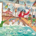 "Tinkerbell ist gerettet! Jetzt aber schnell!" Illustration von Piratenschiff mit Kindern auf der Planke, Haiflossen im Wasser.