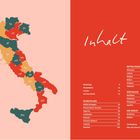 Links in Pastell zeigt eine Italienkarte Regionen und Zahlen. Rechts in Rot der Inhalt mit Seitennummern und Regiones.