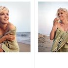 Zwei Fotos, eine Frau mit blondem Haar am Strand, in ein grünes Handtuch gehüllt. Sie lächelt und hält ein Glas Wein.