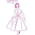 Text: "I ♥ COOKING". Illustration einer Frau im 50er-Jahre-Kleid, mit Sprechblase und Herz-Symbol.