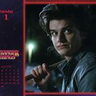 Kalendertext: "Tuesday 1", "June 2027", "Stranger Things" Logo. Mann mit Baseballschläger, schaut zur Seite.